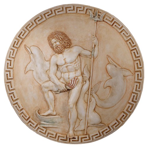 POSEIDON WITH DOLPHINS - GREEK HAND MADE WALL RELIEF CASTING STONE - PL058N002
