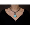 Knitted silver chain with byzantine pendant with turquoise - ΚΟ025ΚΟ004.104,1GR