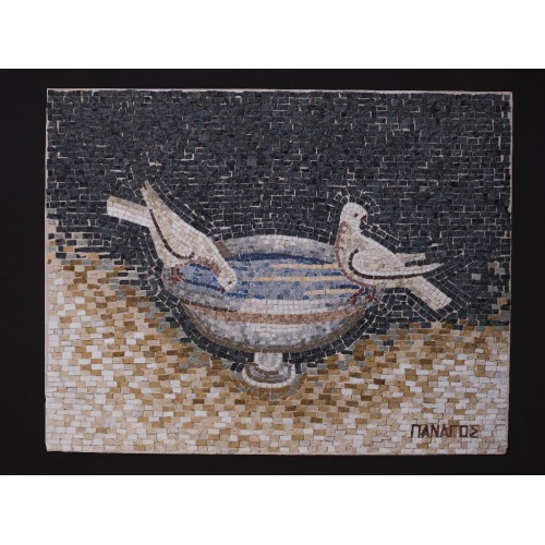 LEKANIS WITH DOVES Handmade Copy of Greek mosaic with natural materials, stones, marbles and pebbles70,5 x 89,5 x5cm-  MO066M030